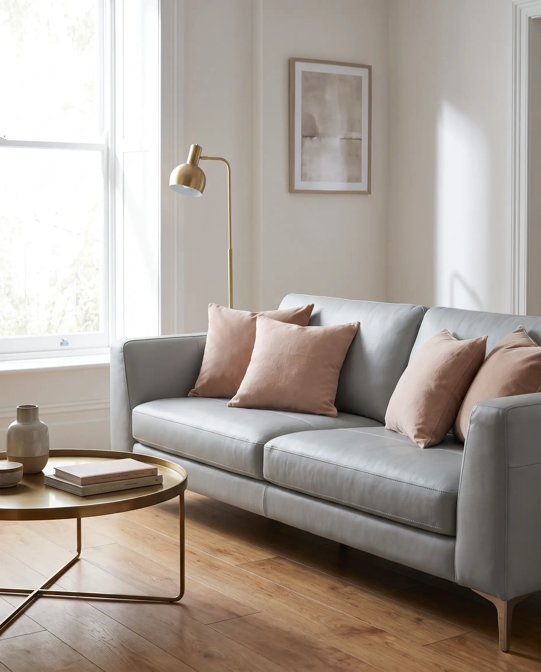 Setting Plaster matte velvet and stonewashed linen cushions warm up a light grey sofa in a contemporary space with brass accents and wood floors.