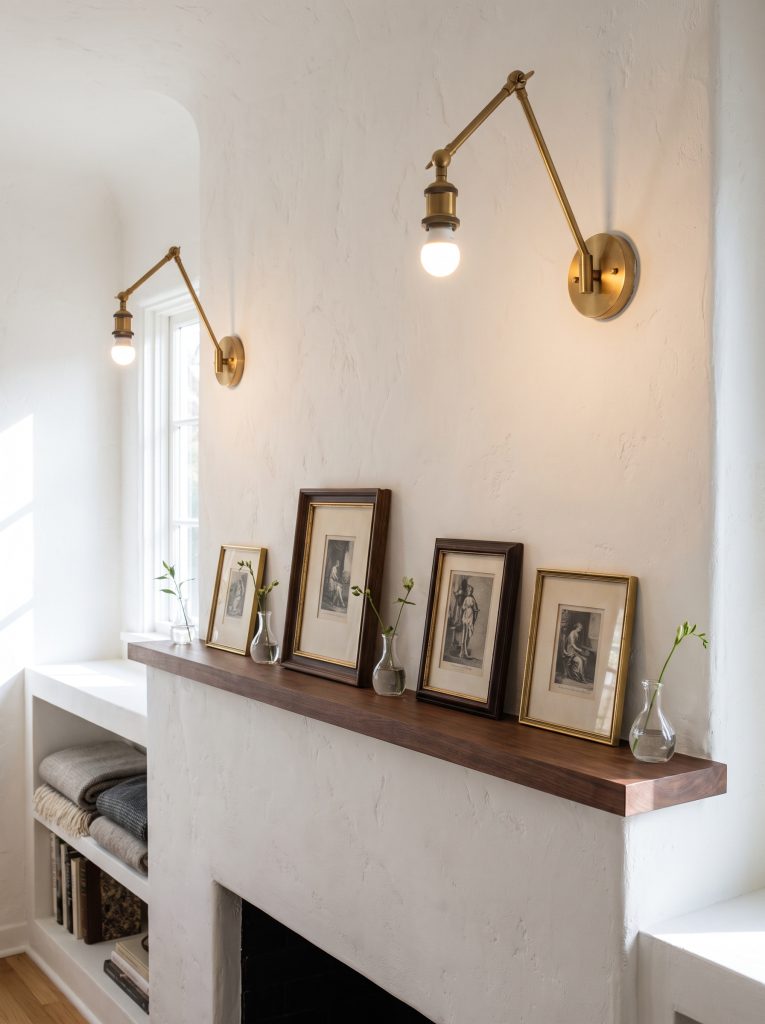 A micro-shallow fireplace ledge holds leaning framed intaglios and tiny slim glass bud vases, while hardwired wall sconces provide illumination from above.