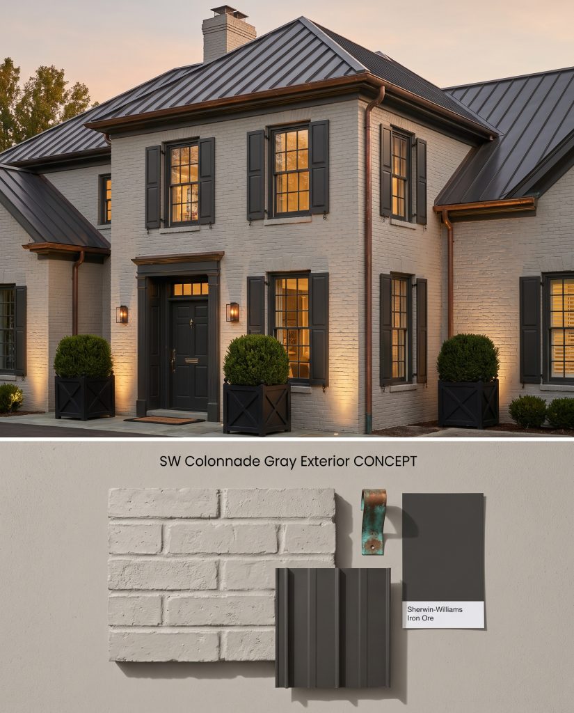 A digital conceptual board for a stately exterior with warm gray painted brick, grounded by a flat-lay of standing seam metal and aged copper.