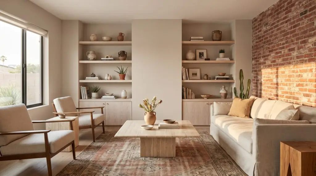 A travertine coffee table and bleached wood shelving stand out in a warm minimalist room utilizing paint colors that go with red brick wall.