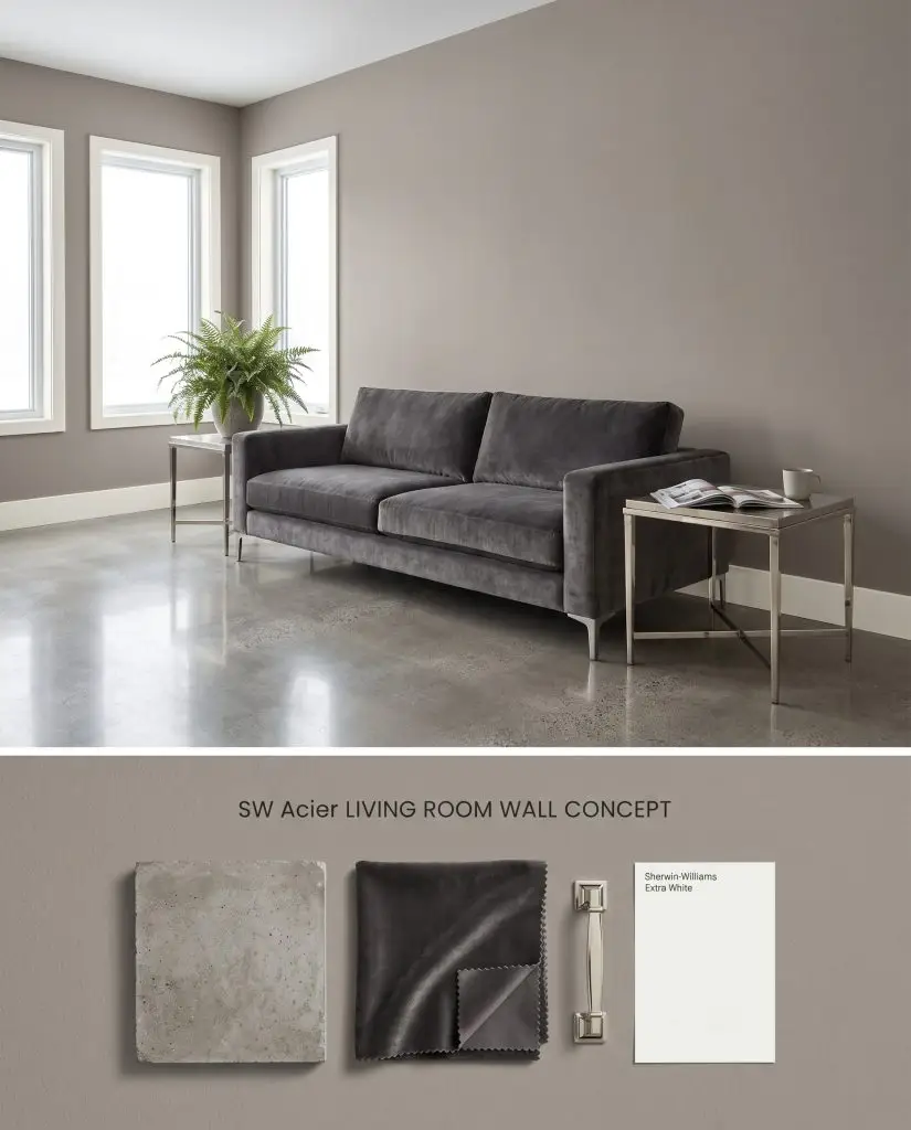 A split digital conceptual board showcasing a Sherwin-Williams Acier living room on top and a flat-lay of polished concrete and charcoal velvet below.