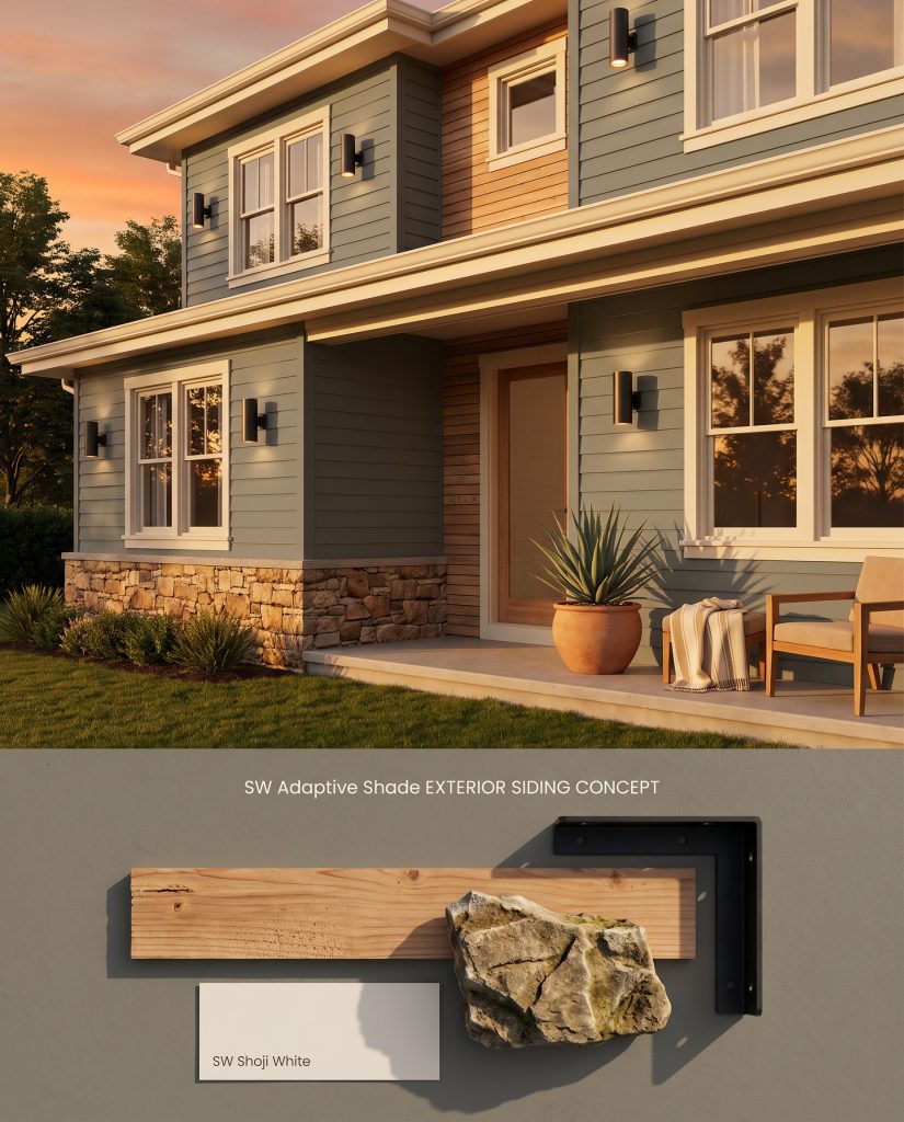 A split digital conceptual board displaying Sherwin-Williams Adaptive Shade lap siding above a textured flat-lay of cedar and fieldstone.