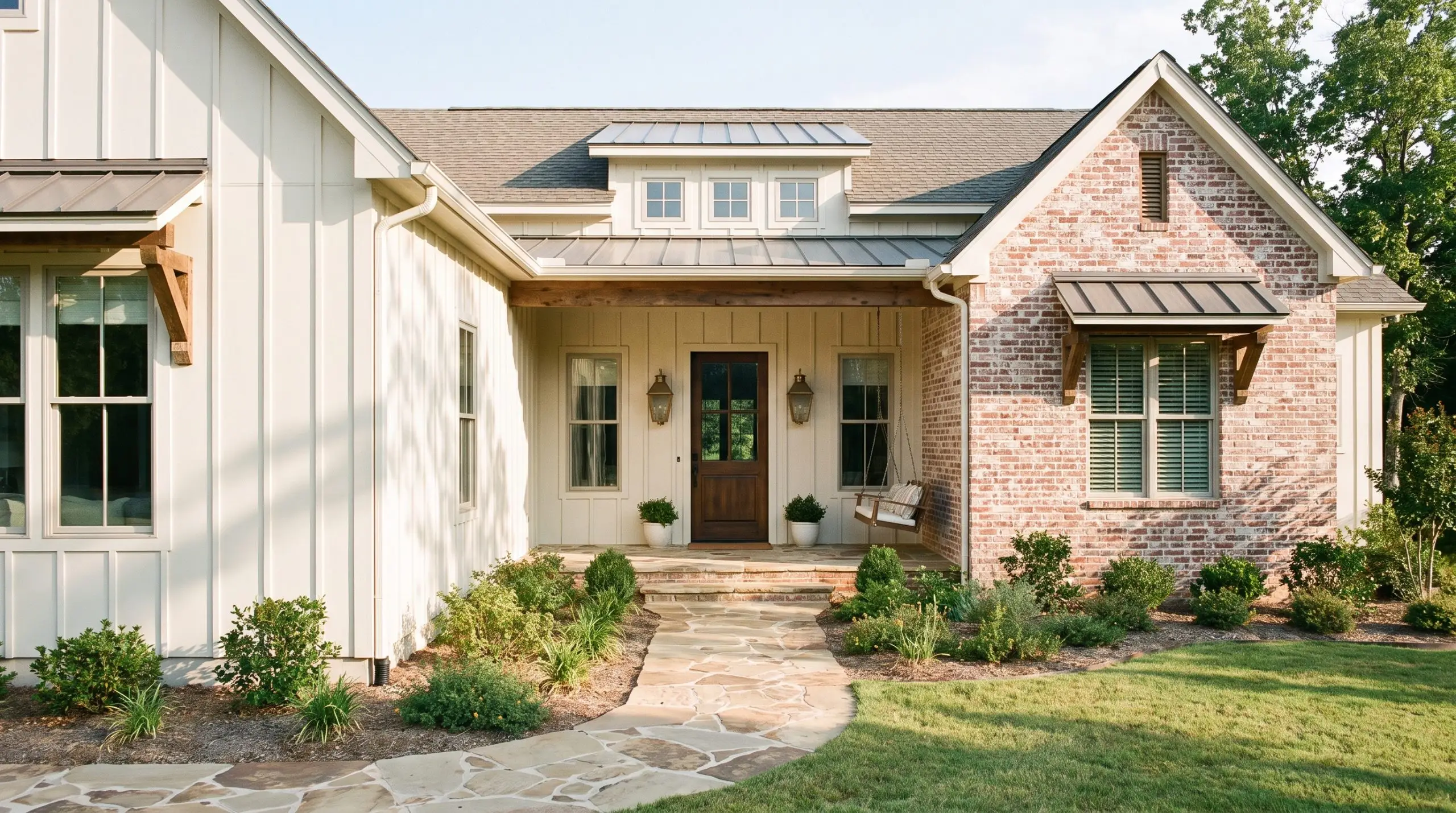Sherwin-Williams Alabaster siding contrasts beautifully with an aged red brick facade highlighting chalky mortar joints, flanked by aged brass sconces and a natural stone pathway.