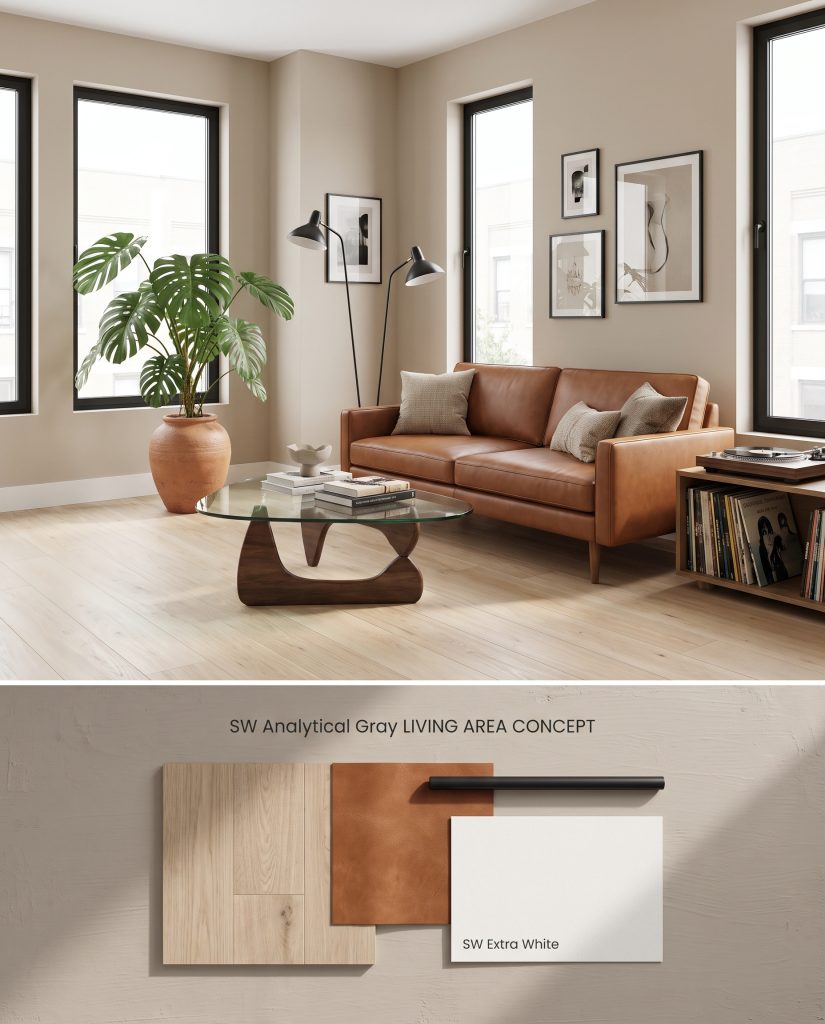 A split digital conceptual board showcasing a Sherwin-Williams Analytical Gray living area above a flat-lay of ash wood, cognac leather, and matte black metal.