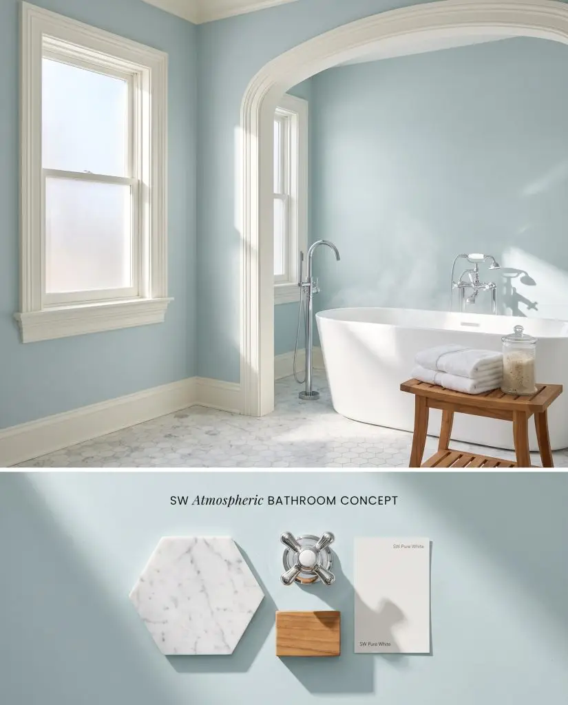 A split digital conceptual board featuring a Sherwin-Williams Atmospheric bathroom above a textured flat-lay of Carrara marble, chrome, and teak wood.