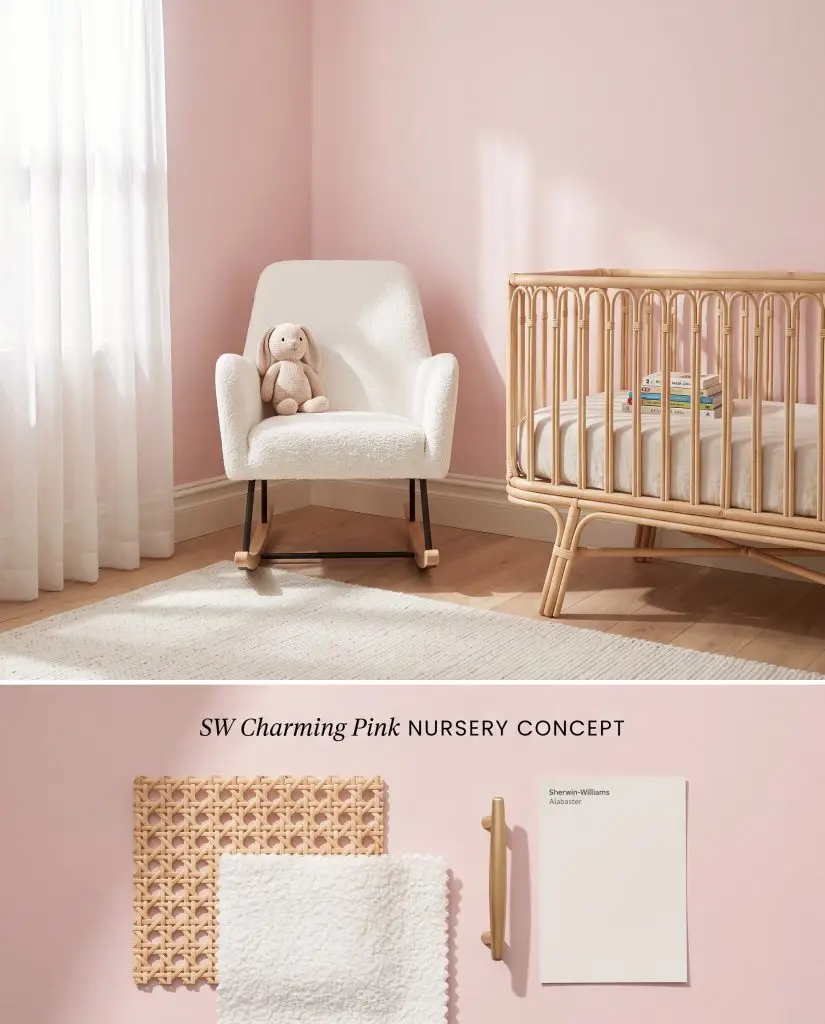A split digital conceptual board displaying a Sherwin-Williams Charming Pink nursery above a flat-lay of natural rattan and white boucle.