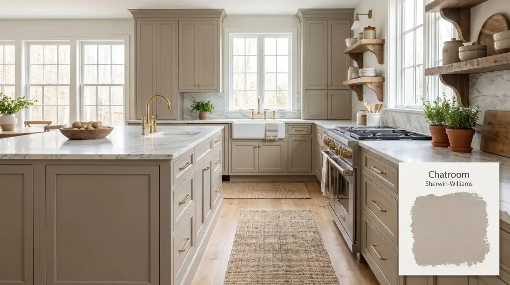 Abundant natural light highlights earthy greige cabinetry painted in Sherwin-Williams Chatroom (Hex #B0AB9C), accented by white marble countertops and brass hardware.