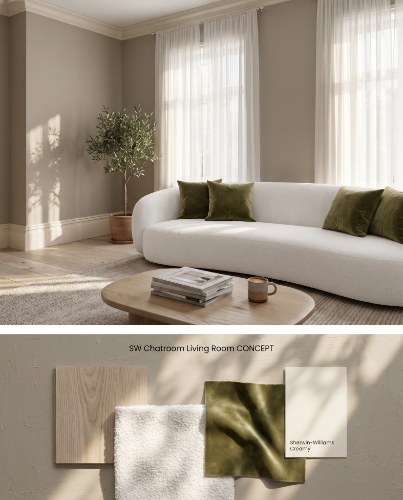 A split digital conceptual board featuring a Sherwin-Williams Chatroom living room on top and a flat-lay of ash wood and white boucle below.