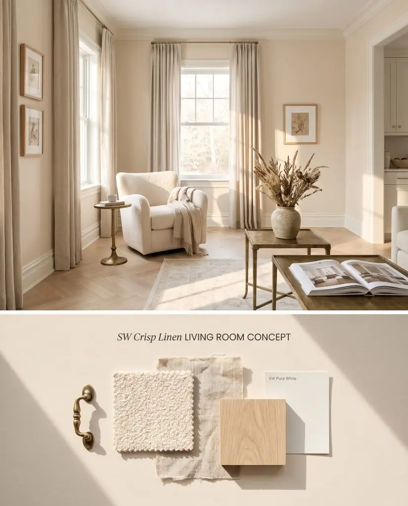 A split digital conceptual board displaying a Sherwin-Williams Crisp Linen living room above a physical flat-lay of white oak and boucle.