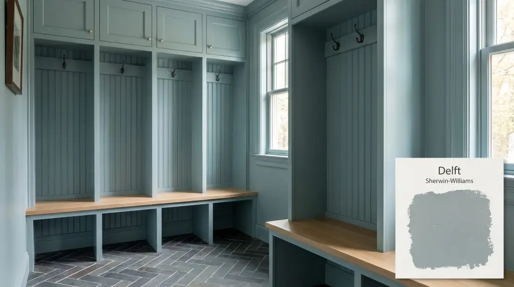 Custom built-in lockers and slate herringbone floor tile characterize this transitional mudroom finished in Sherwin-Williams Delft (Hex #8B9FA0).