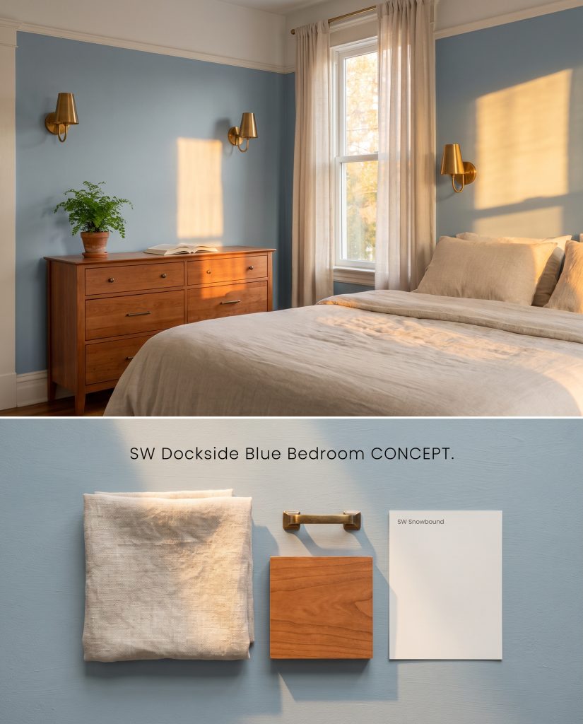 A split digital conceptual board showcasing a cozy bedroom painted in Sherwin-Williams Dockside Blue above a flat-lay of oatmeal linen, brass, and cherry wood.