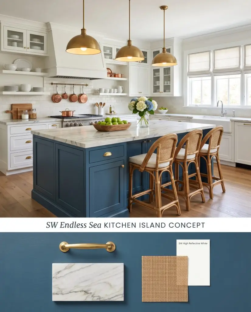 A split digital conceptual board featuring a Sherwin-Williams Endless Sea kitchen island above a flat-lay of quartzite and polished brass.