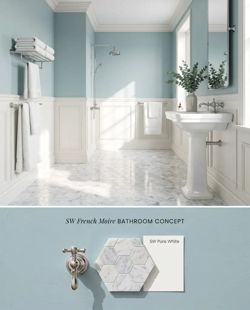 A split digital conceptual board featuring a Sherwin-Williams French Moire bathroom above a flat-lay of Carrara marble and polished chrome.