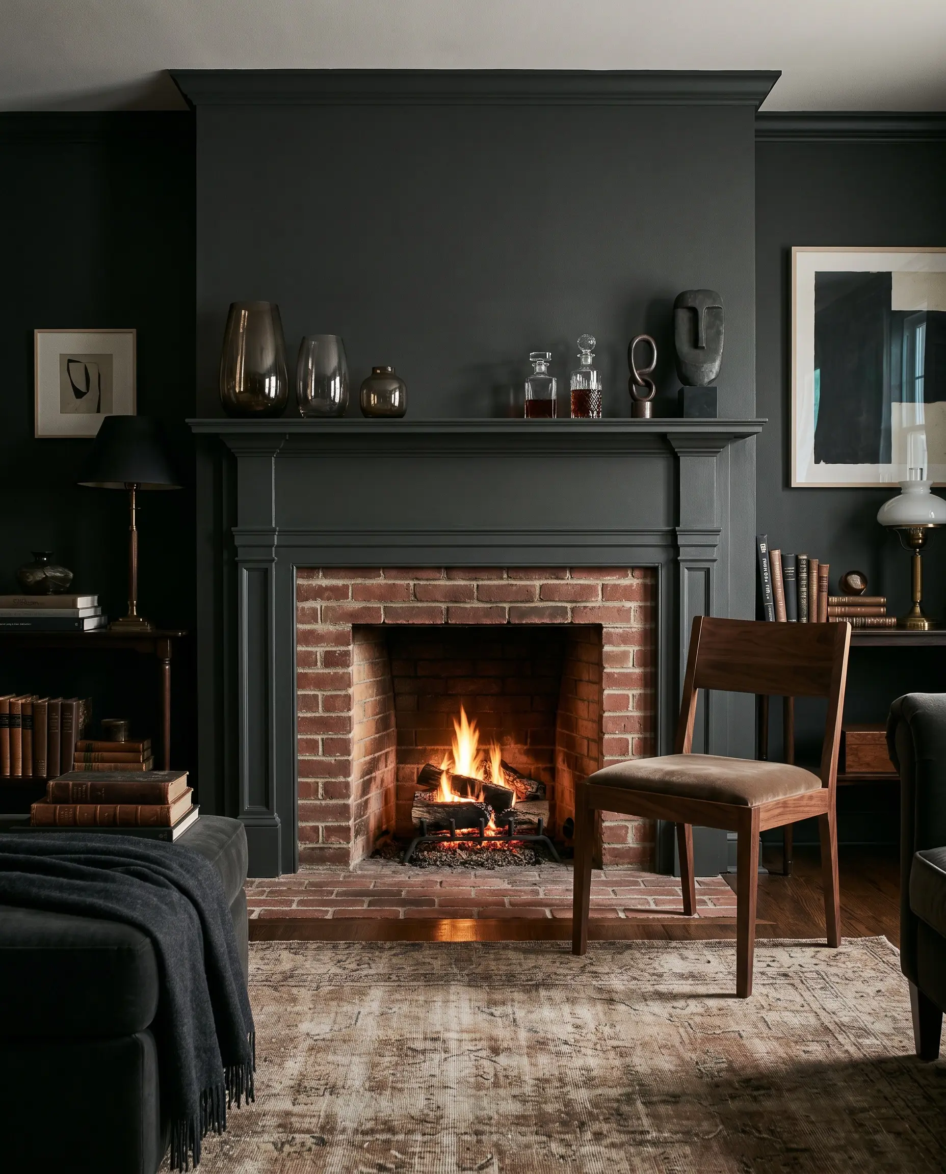 Smoked glass decor items rest on a Sherwin-Williams Greenblack painted mantel framing a natural red brick firebox, with a rich walnut side chair nearby.