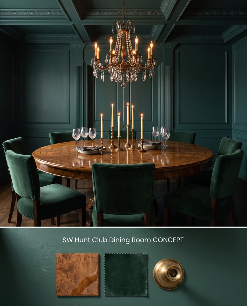 A split digital conceptual board for a luxurious dining room featuring Sherwin-Williams Hunt Club walls above physical burl wood and velvet samples.