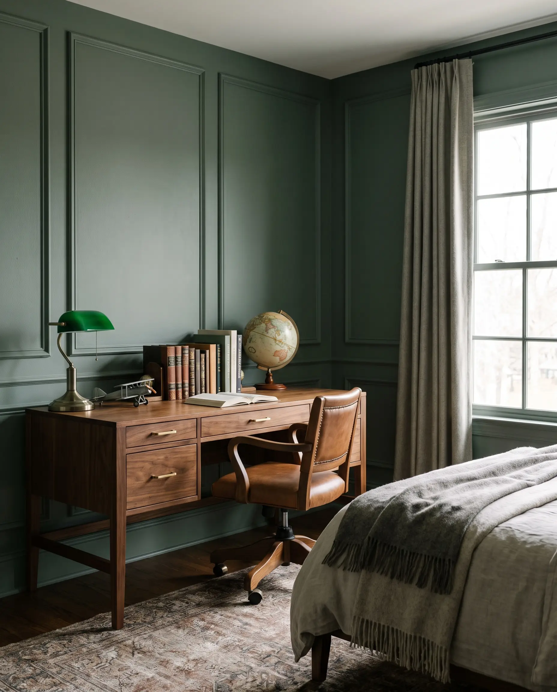 Sherwin-Williams Jasper Stone coats the architectural backdrop behind a warm walnut desk, unlacquered brass hardware, and a vintage-inspired brass desk lamp.