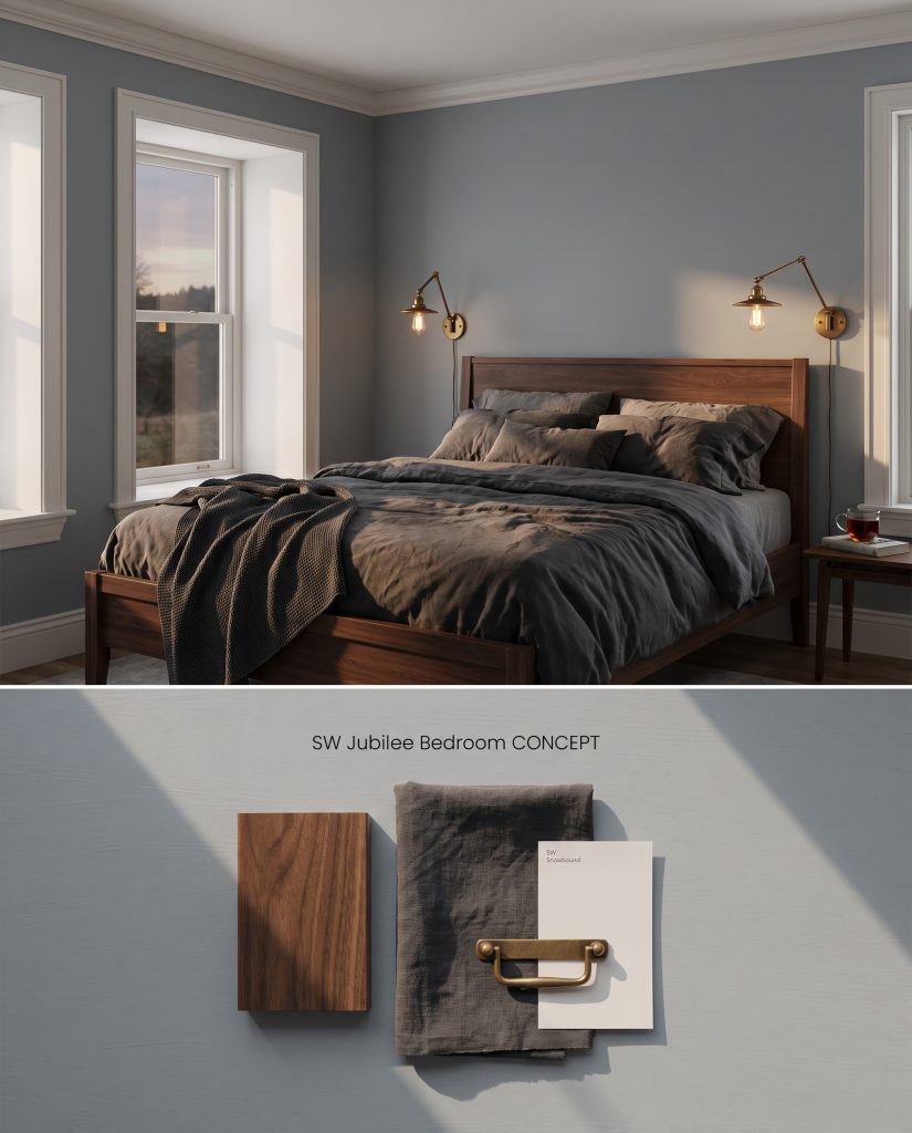 A split digital conceptual board showcasing a Sherwin-Williams Jubilee bedroom above a flat-lay of dark walnut and charcoal linen.