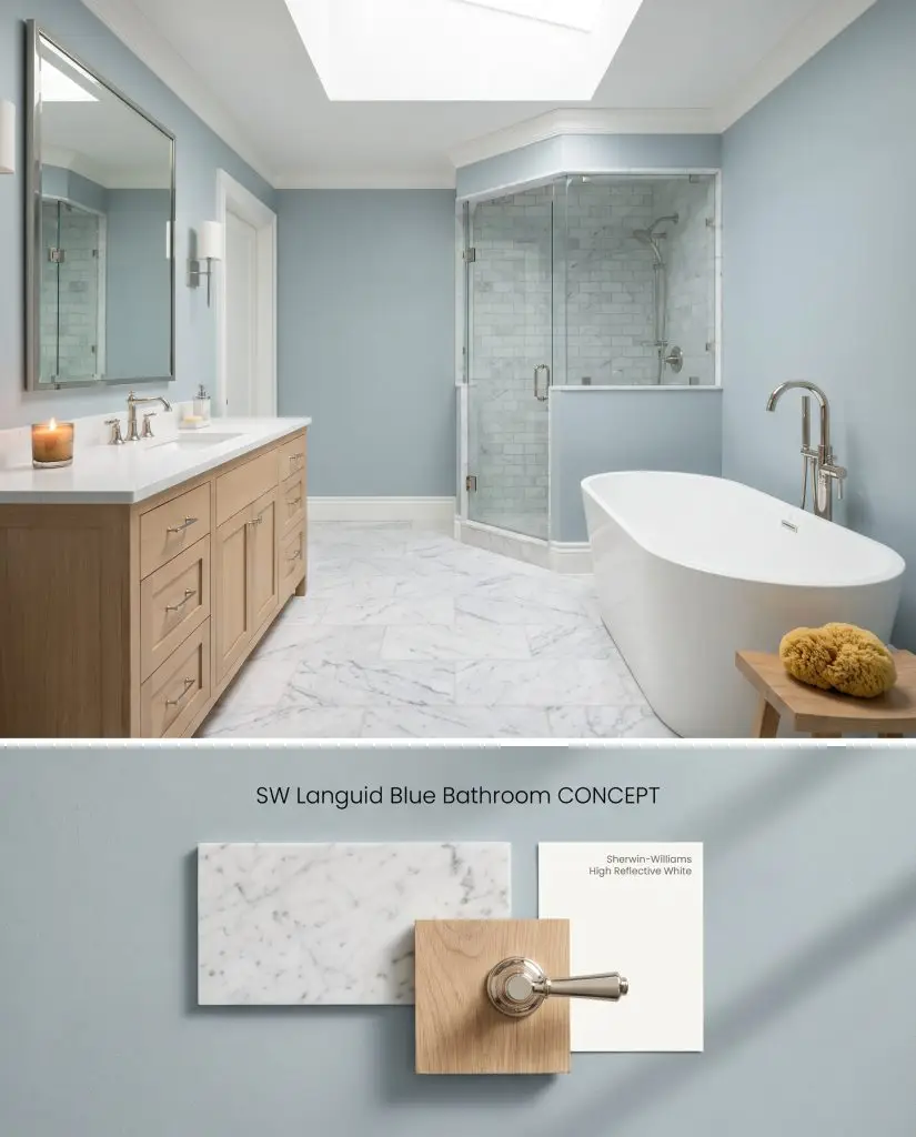 A split digital conceptual board revealing a spa-like bathroom painted in Languid Blue atop a flat-lay of Carrara marble and polished nickel.