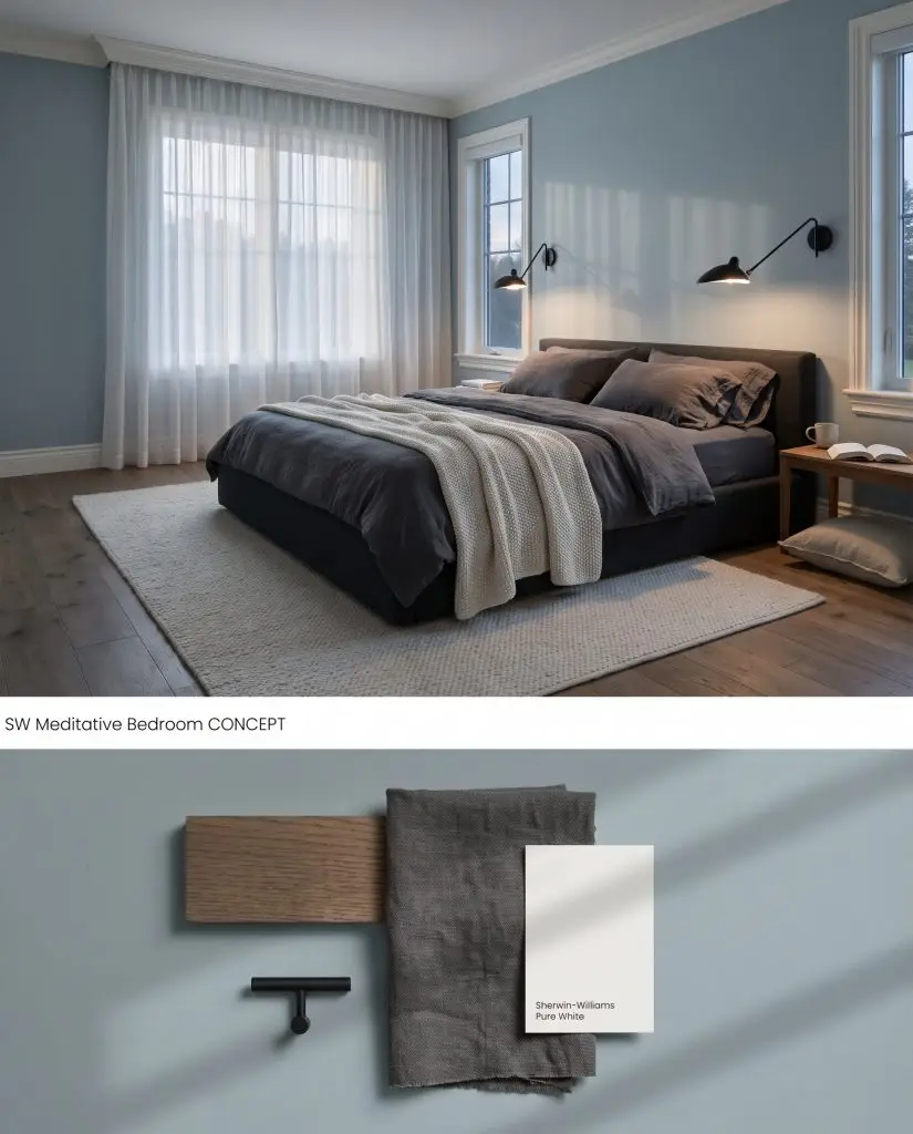 A split digital conceptual board illustrating a bedroom painted in Meditative above a flat-lay of smoked oak and charcoal linen.