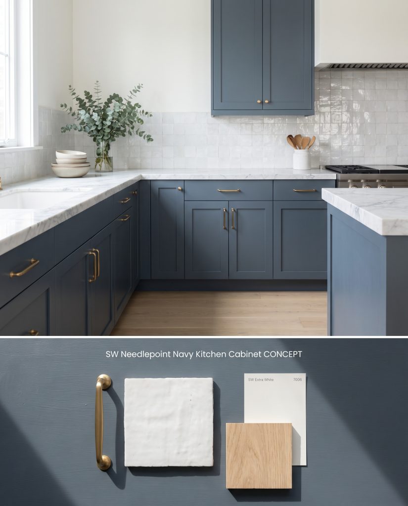 A split conceptual board for a Sherwin-Williams Needlepoint Navy kitchen above a tactile flat-lay of zellige tile and brushed brass.
