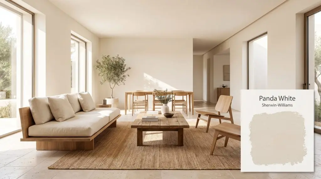 Minimalist wooden furniture and light travertine tile floors fill an open-concept living area coated in warm Panda White (Hex #EAE2D4).