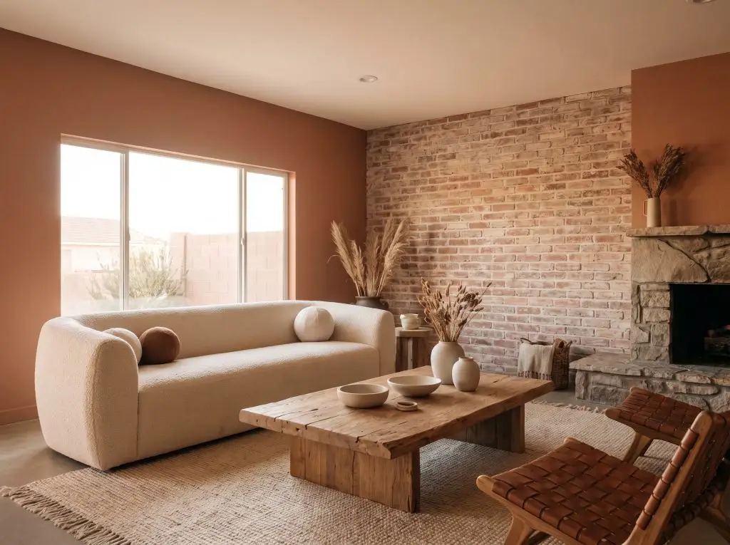A raw oak coffee table and bouclé sofa anchor a desert modern space demonstrating monochromatic paint colors that go with red brick wall.