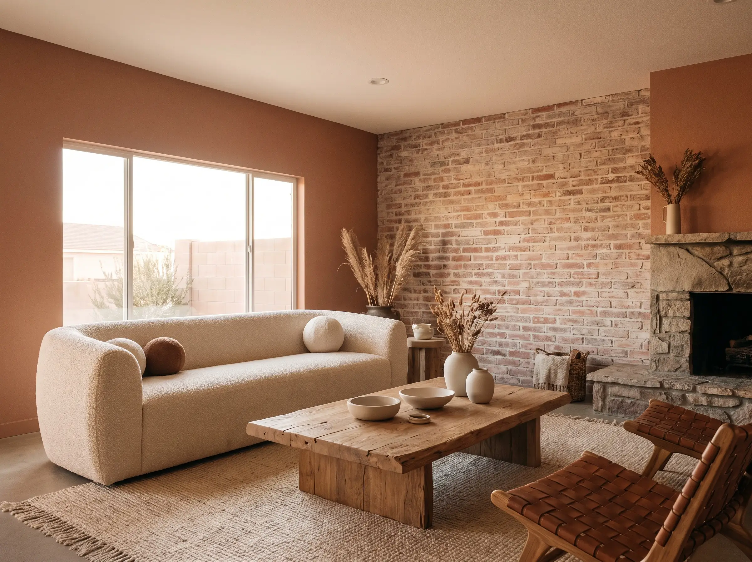 A raw oak coffee table and bouclé sofa anchor a desert modern space demonstrating monochromatic paint colors that go with red brick wall.