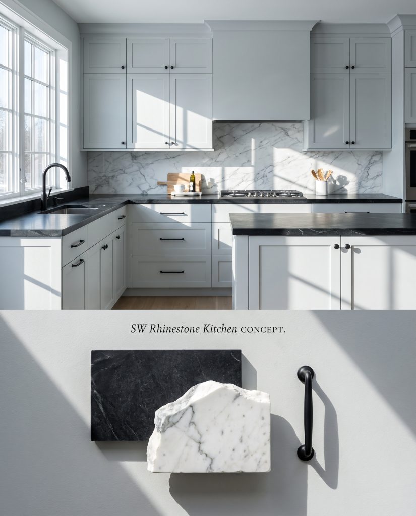 A split conceptual board for a Sherwin-Williams Rhinestone kitchen above a tactile flat-lay of black soapstone and white marble.
