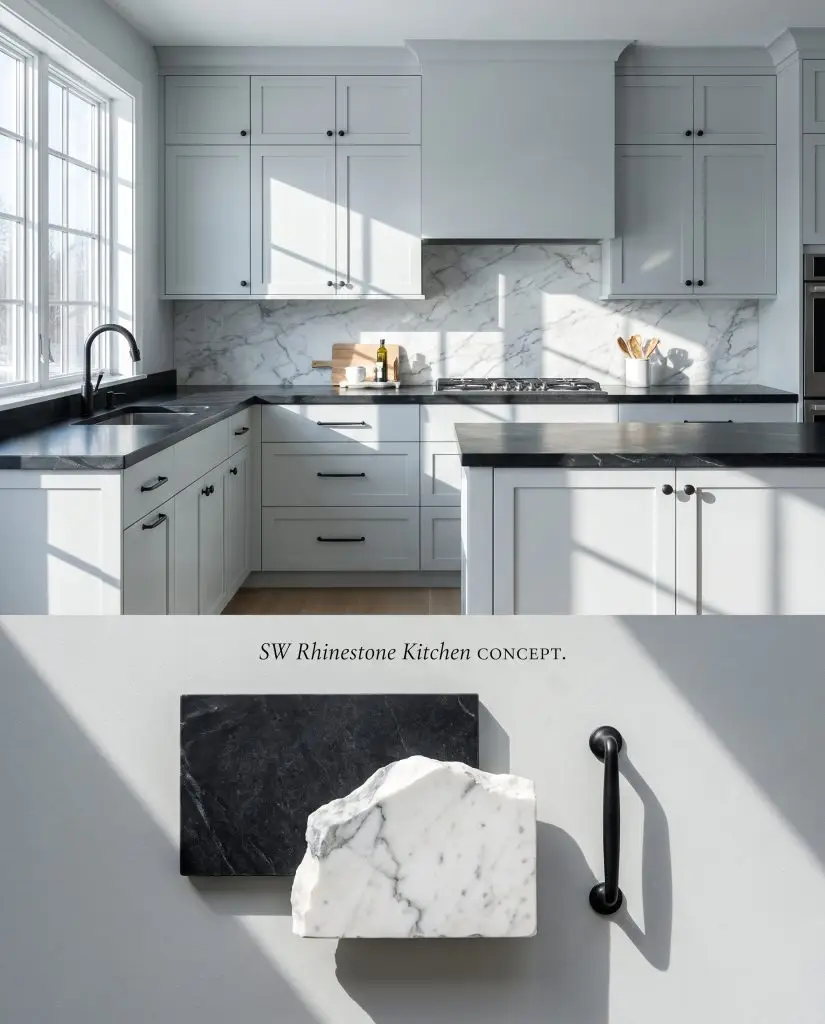 A split conceptual board for a Sherwin-Williams Rhinestone kitchen above a tactile flat-lay of black soapstone and white marble.
