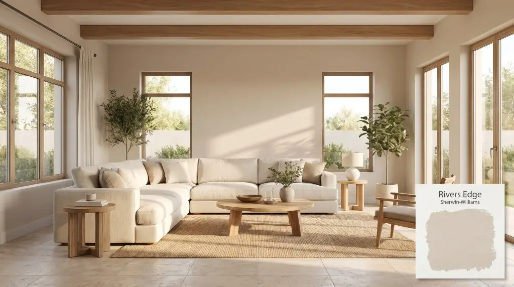 A sunlit modern living room features travertine floors, warm oak architectural beams, and walls painted in Sherwin-Williams Rivers Edge (Hex #DBCEBD).