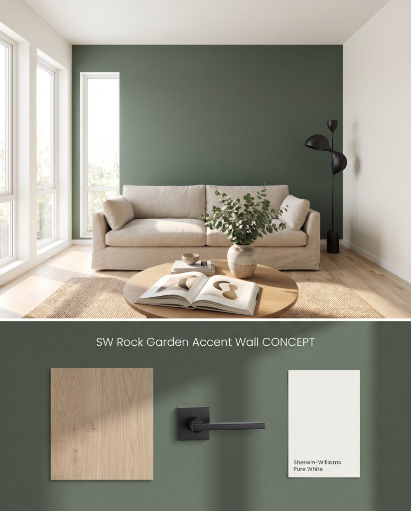 A split digital conceptual board displaying a Sherwin-Williams Rock Garden living room accent wall above a flat-lay of white oak and matte black hardware.