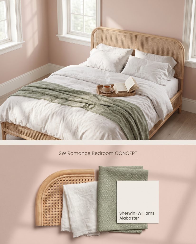 A split digital conceptual board showcasing a Sherwin-Williams Romance bedroom above a flat-lay of natural rattan, washed linen, and sage green fabric.