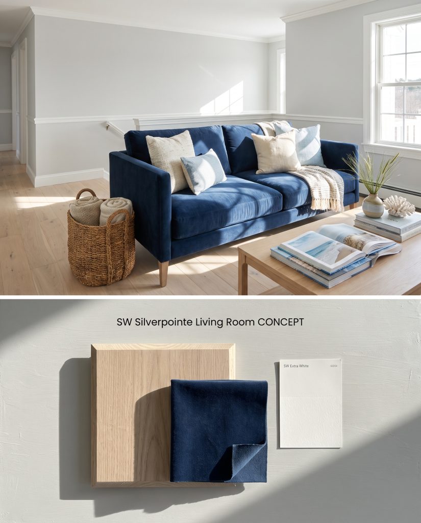 A split digital conceptual board presenting a Sherwin-Williams Silverpointe SW 7653 living room above, with ash wood and navy velvet samples below.