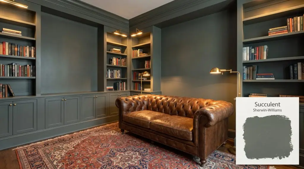 Warm reading lamps illuminate a classic leather sofa, a vintage Persian rug, and built-in bookshelves painted in deep gray-green SW Succulent (Hex #616C64).