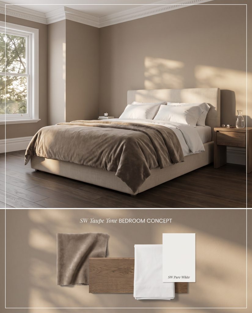 A split digital conceptual board featuring a Sherwin-Williams Taupe Tone bedroom above a textured flat-lay of smoked oak and velvet.
