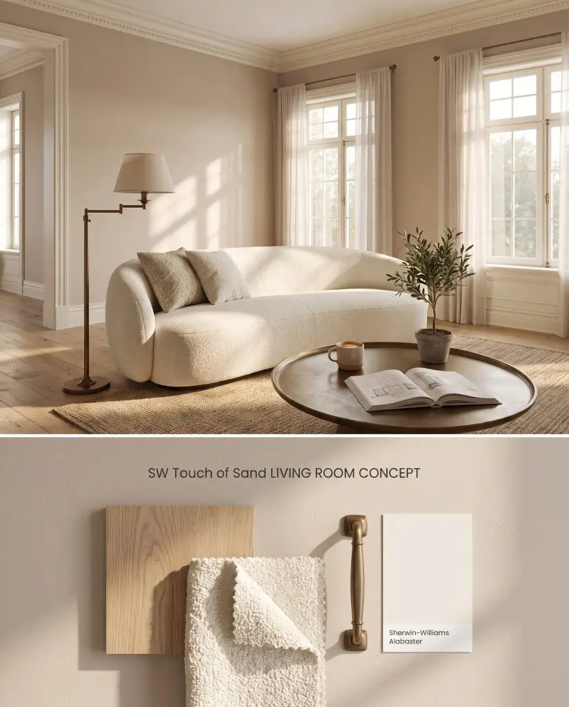 A split digital conceptual board displaying a Sherwin-Williams Touch of Sand living room above a flat-lay of white oak and cream boucle.