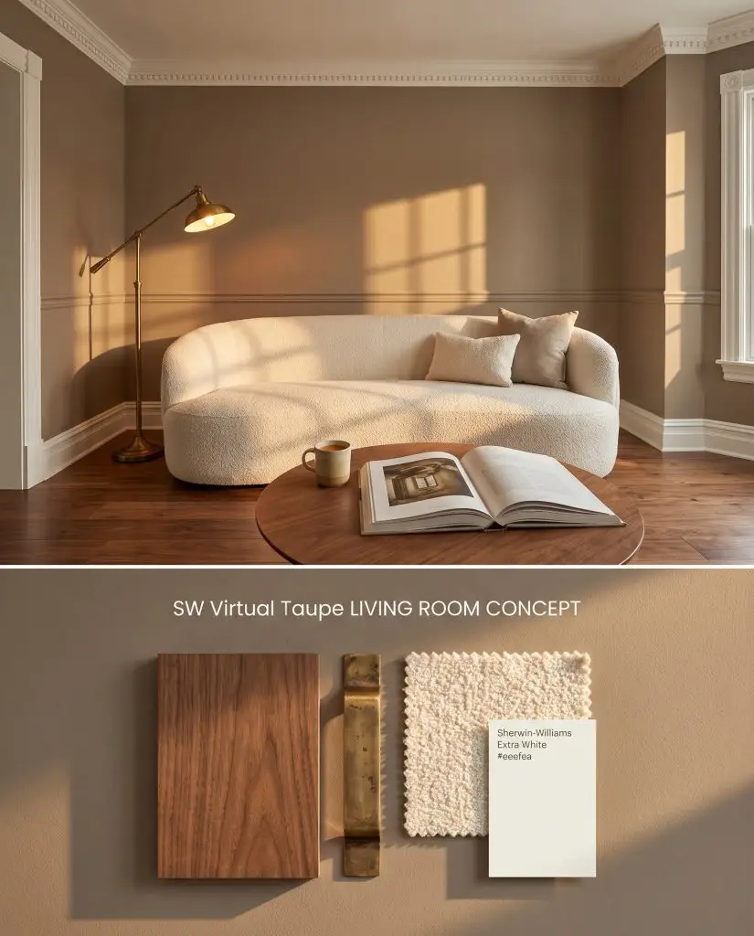 A split digital conceptual board featuring a Sherwin-Williams Virtual Taupe living room above and textured physical materials like walnut and brass below.