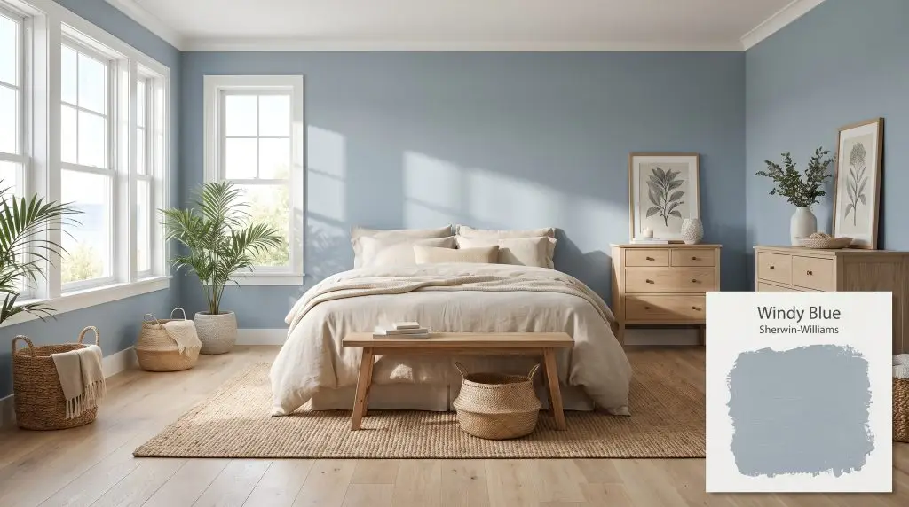 Sunlight spills across crisp white oak floors and natural linen bedding in a serene bedroom painted with Sherwin-Williams Windy Blue (Hex #AABAC6).