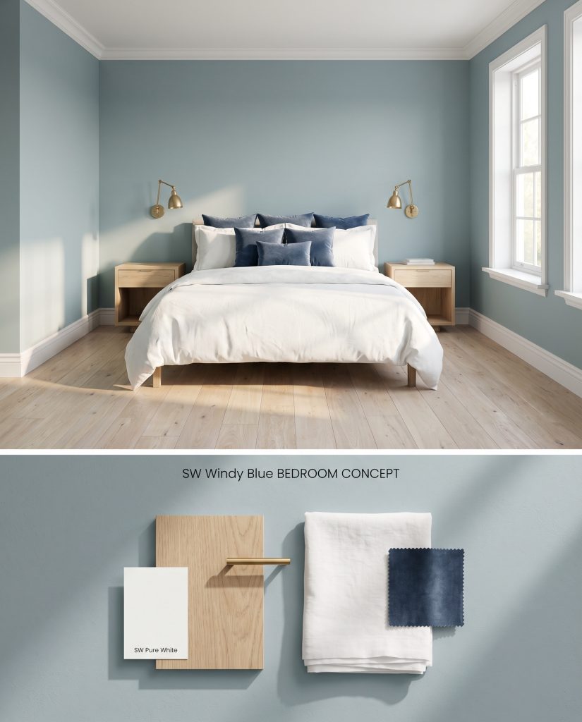 A split digital conceptual board featuring a Sherwin-Williams Windy Blue bedroom on top, and physical white oak and brushed brass materials below.