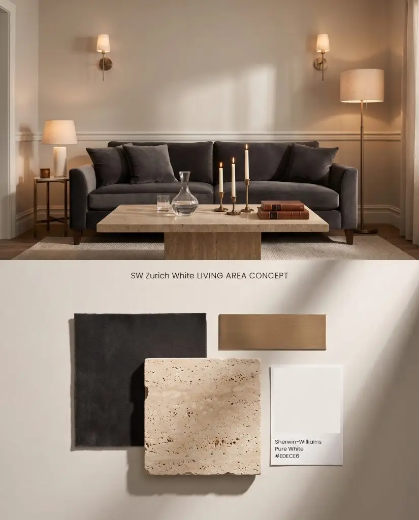 A split digital conceptual board featuring a Sherwin-Williams Zurich White living area on top, with charcoal velvet and travertine samples below.