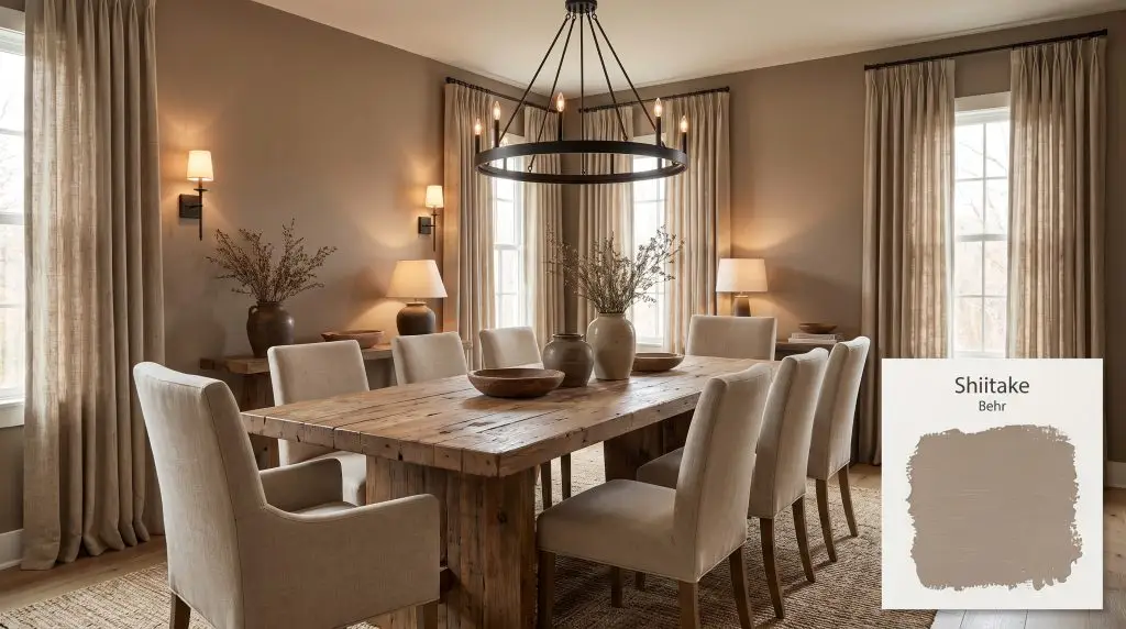 A rustic reclaimed wood dining table and upholstered linen chairs sit beneath a matte black chandelier in a room painted Behr N220-4 (Hex #a5988a).
