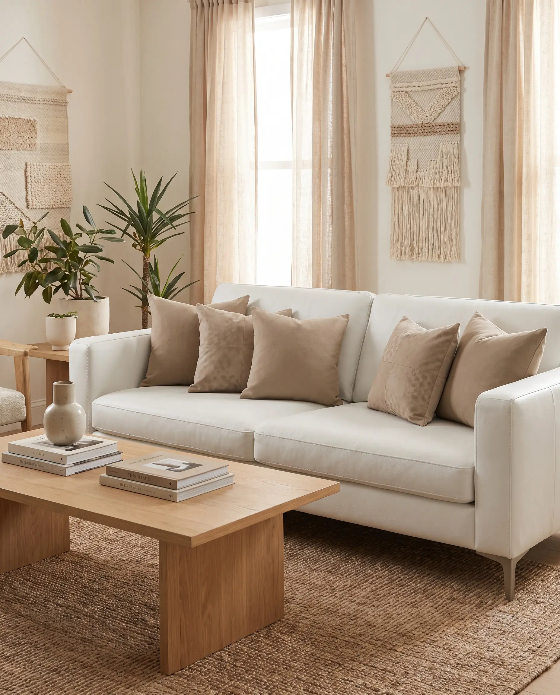 Shiitake brushed canvas and patterned matte suede cushions create a seamless transition on a stark white sofa behind a light oak coffee table.
