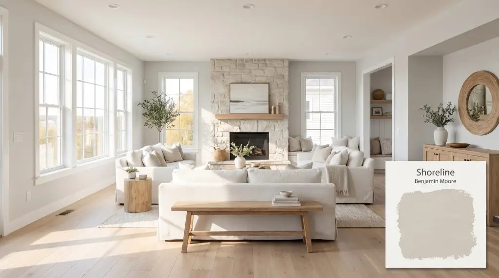 White linen sofas and a textured stone fireplace complement a spacious open-concept living area wall painted in Shoreline (Hex #D9D8D3).