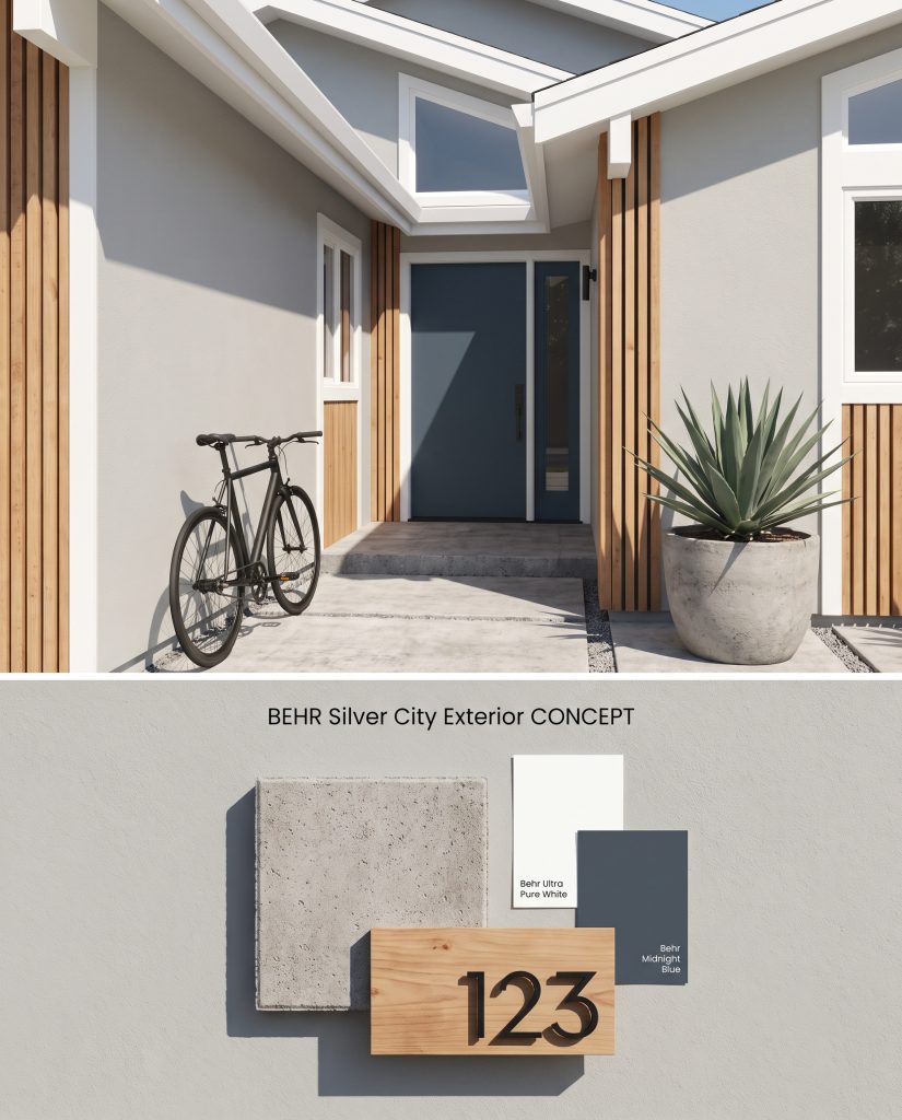 Split layout conceptual board displaying a contemporary minimalist exterior above, and textured painted surface with cedar wood and concrete swatches below.
