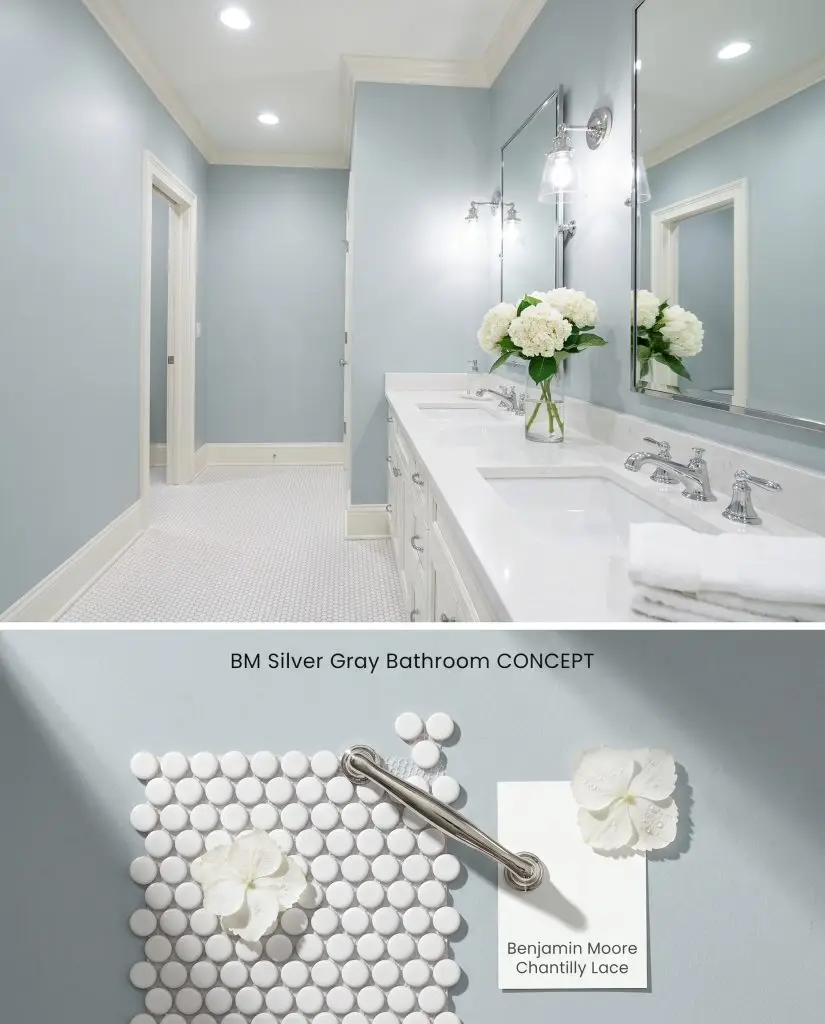 A conceptual board for a bathroom featuring pale silver-blue walls on top and a physical flat-lay of penny round ceramic tiles below.