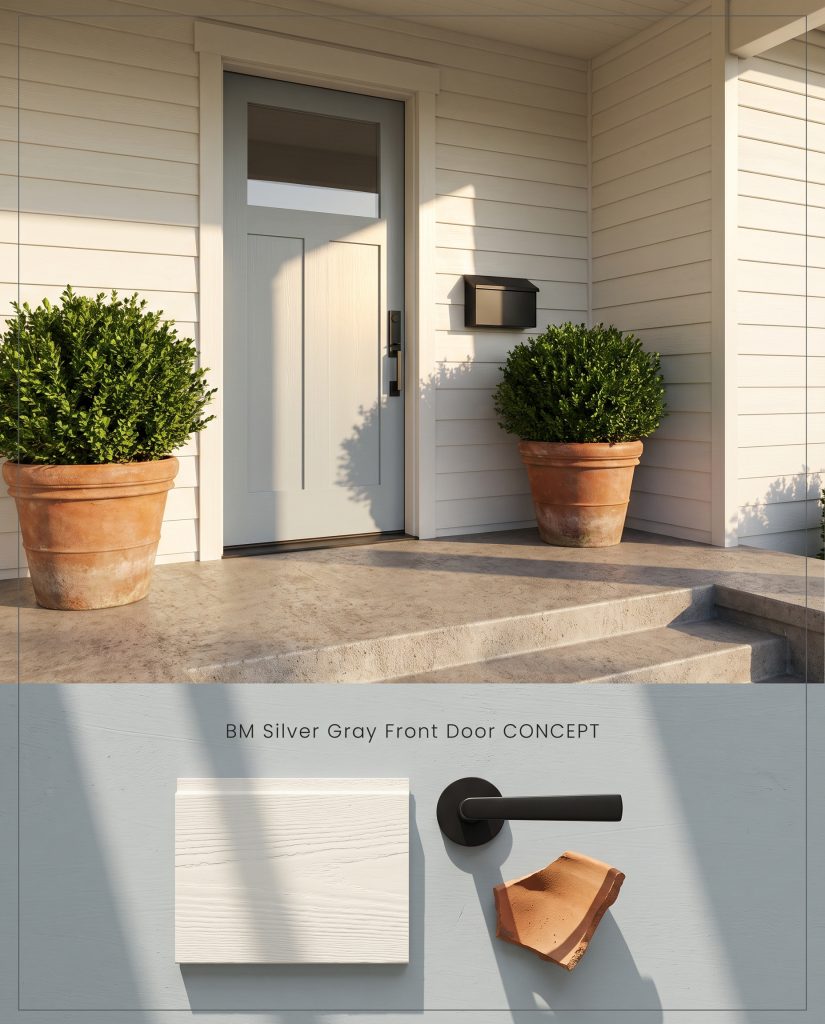A digital concept board featuring a Craftsman front door painted in BM 2131-60 on the top section and a terracotta flat-lay below.