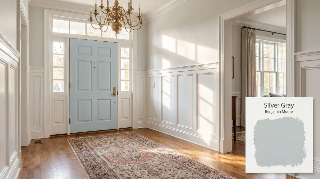 Crisp white wainscoting and a vintage runner rug lead toward an elegant front door finished in Silver Gray (Hex #C4CFD2).