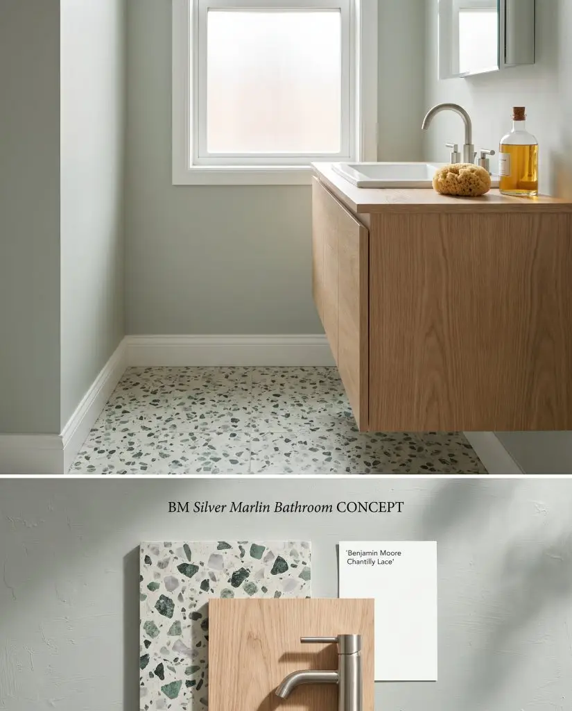 A conceptual board for a bathroom featuring muted green-blue walls on top and a physical flat-lay of green terrazzo and light oak below.