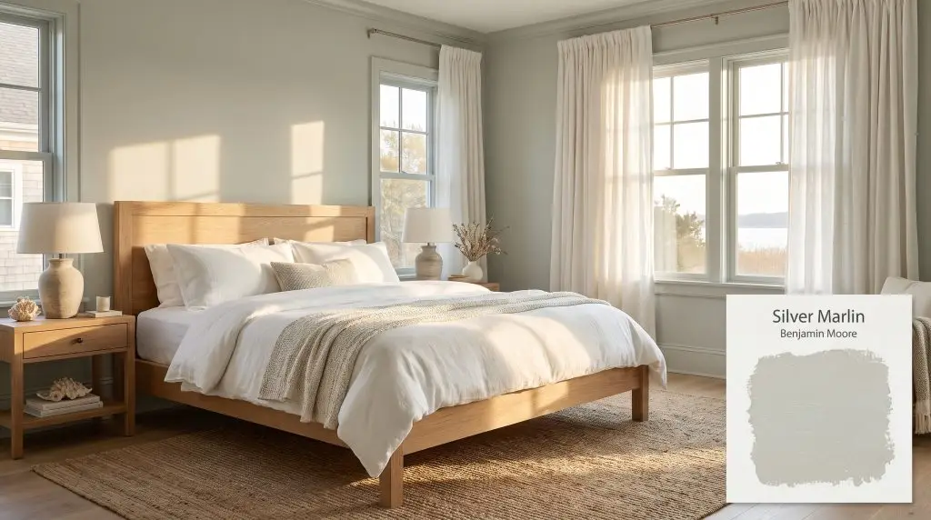 A natural oak bed frame and crisp white bedding rest peacefully within a serene bedroom painted in Silver Marlin (Hex #C0C8C1).