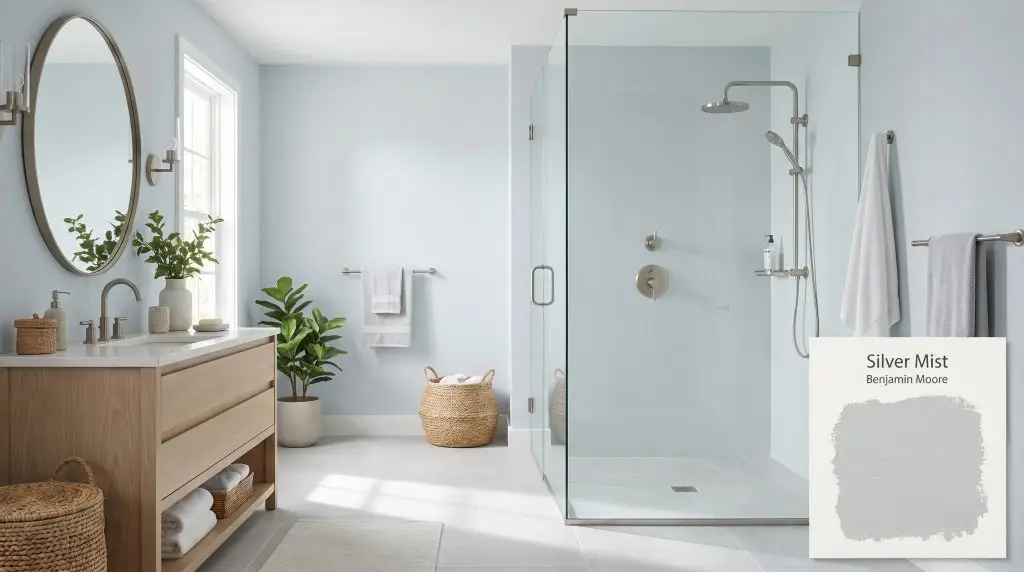 A seamless glass shower and light gray porcelain tiles define this spa-like bathroom, featuring walls painted in Silver Mist (Hex #C8D2D6).